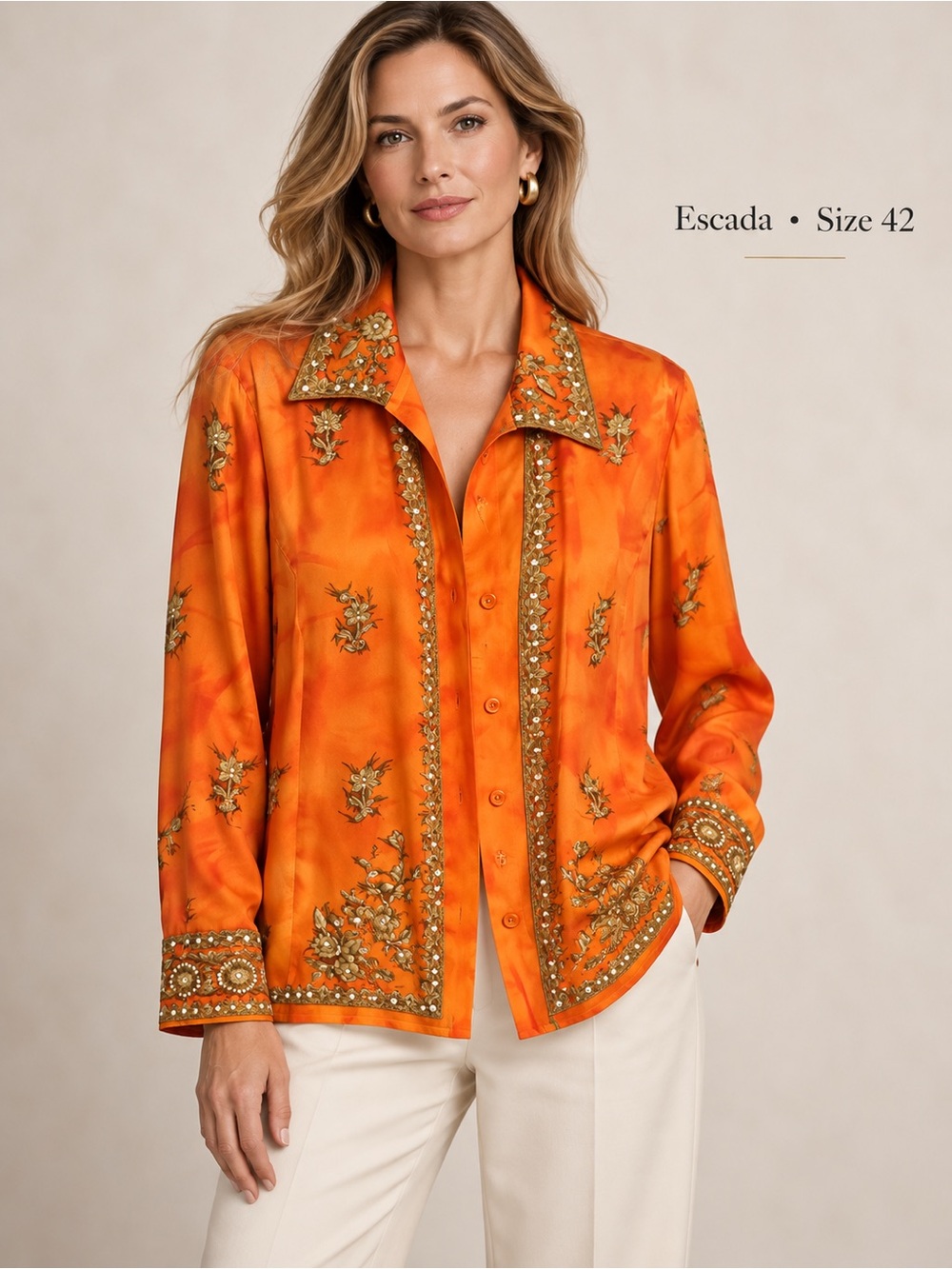 Escada Orange Silk Embellished Button-Down Shirt